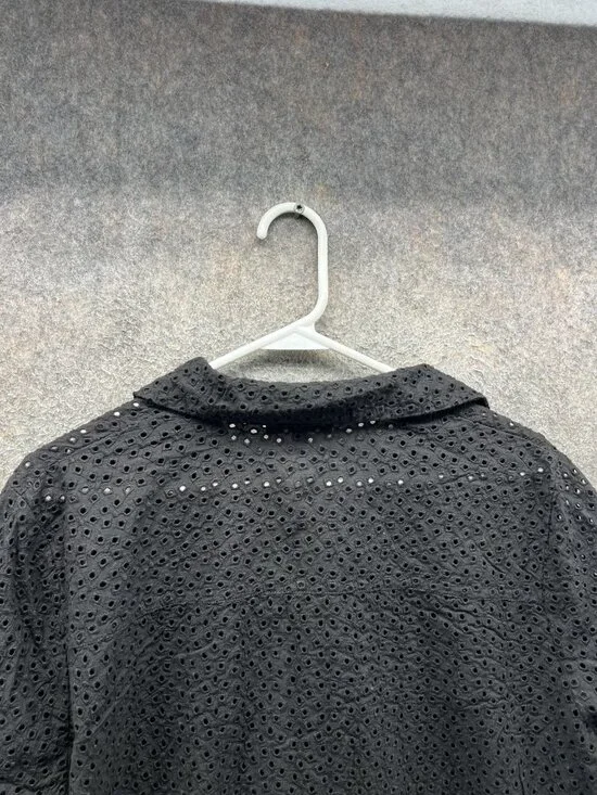 Madewell Blouse Womens XXL Black Eyelet Button Front Flutter Sleeve Cropped - Picture 9 of 10